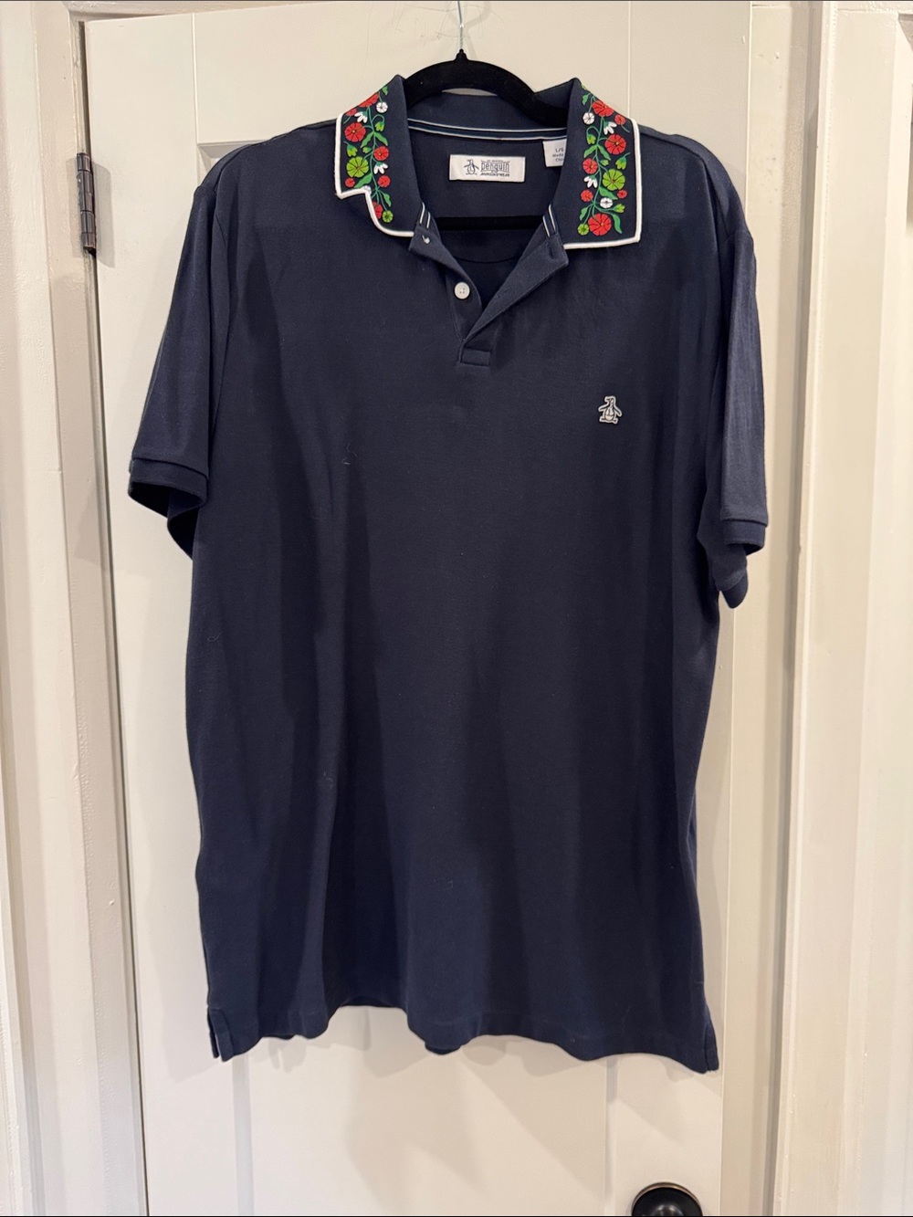 Men's Navy Polo with Embroidered Floral Collar by Original Penguin